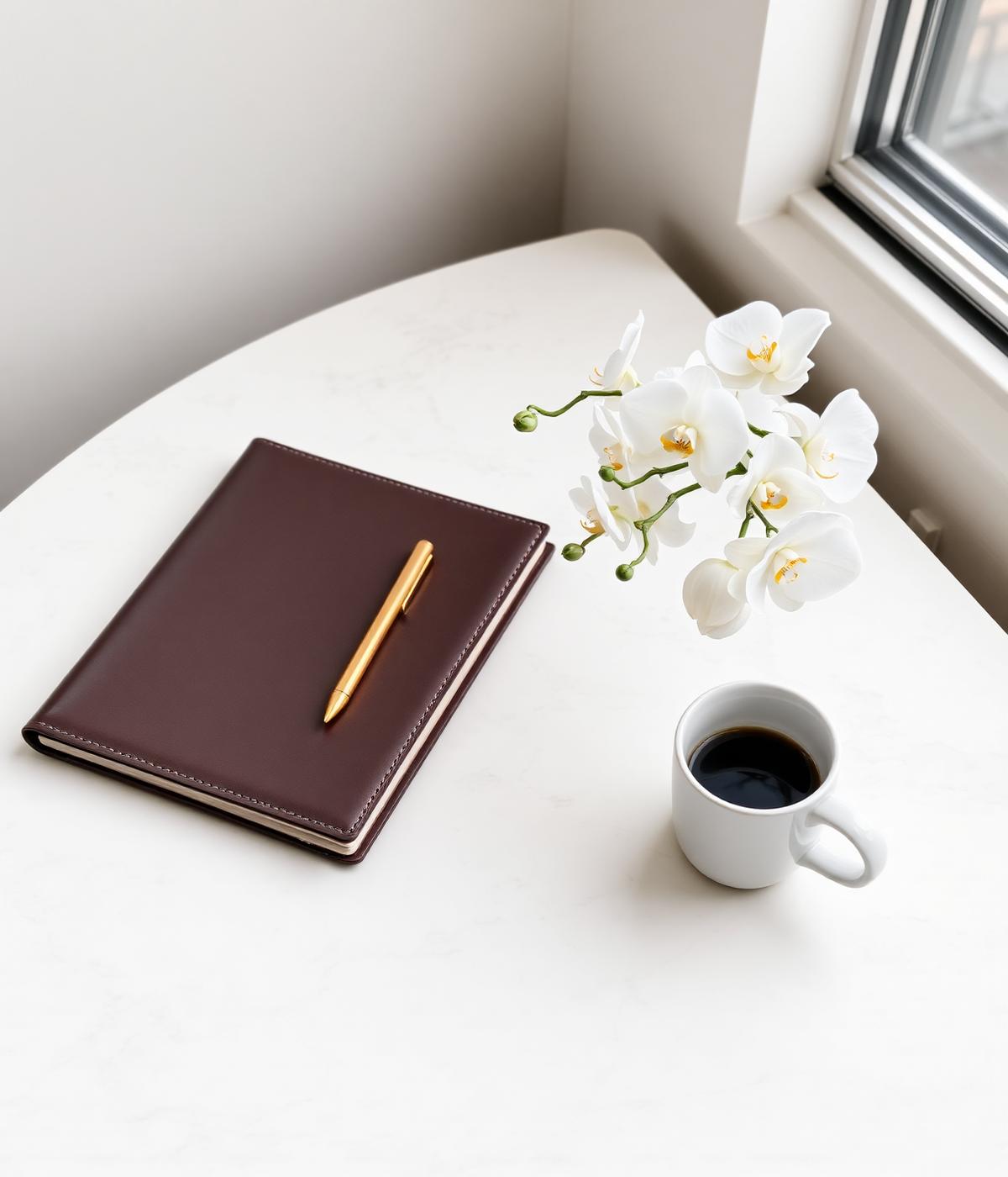 Planner, gold pen and orchids